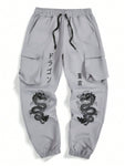 Manfinity EMRG Men's Loose Chinese Dragon Printed Drawstring Waist Cargo Pants - MapleCo