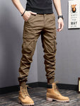 Manfinity Homme Men's Solid Color Front Tie Multi-Pocket Simple Casual Pants - MapleCo