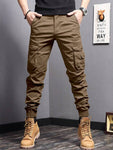 Manfinity Homme Men's Solid Color Front Tie Multi-Pocket Simple Casual Pants - MapleCo