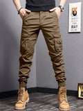 Manfinity Homme Men's Solid Color Front Tie Multi-Pocket Simple Casual Pants - MapleCo