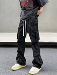 Manfinity EMRG Men Flap Pocket Side Drawstring Waist Cargo Pants Long Plain Black Going Out - MapleCo