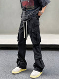 Manfinity EMRG Men Flap Pocket Side Drawstring Waist Cargo Pants Long Plain Black Going Out - MapleCo