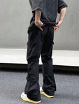 Manfinity EMRG Men Flap Pocket Side Drawstring Waist Cargo Pants Long Plain Black Going Out - MapleCo