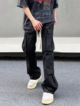 Manfinity EMRG Men Flap Pocket Side Drawstring Waist Cargo Pants Long Plain Black Going Out - MapleCo