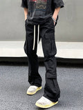 Manfinity EMRG Men Flap Pocket Side Drawstring Waist Cargo Pants Long Plain Black Going Out - MapleCo