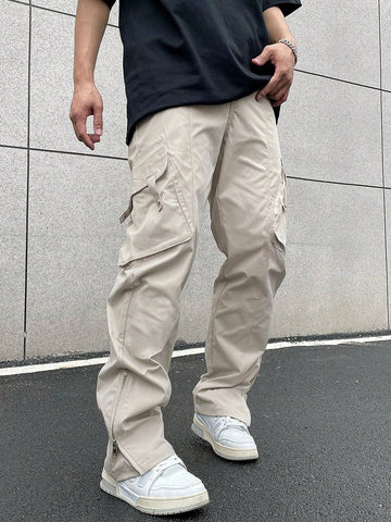 Manfinity EMRG Men Flap Pocket Side Cargo Pants Straight Leg Long Plain Cream Going Out - MapleCo