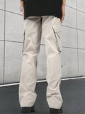 Manfinity EMRG Men Flap Pocket Side Cargo Pants Straight Leg Long Plain Cream Going Out - MapleCo