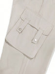 Manfinity EMRG Men Flap Pocket Side Cargo Pants Straight Leg Long Plain Cream Going Out - MapleCo