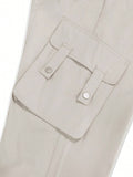 Manfinity EMRG Men Flap Pocket Side Cargo Pants Straight Leg Long Plain Cream Going Out - MapleCo