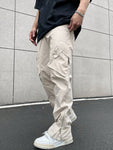 Manfinity EMRG Men Flap Pocket Side Cargo Pants Straight Leg Long Plain Cream Going Out - MapleCo