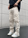 Manfinity EMRG Men Flap Pocket Side Cargo Pants Straight Leg Long Plain Cream Going Out - MapleCo