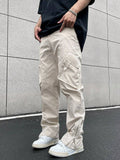 Manfinity EMRG Men Flap Pocket Side Cargo Pants Straight Leg Long Plain Cream Going Out - MapleCo