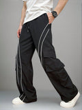 Manfinity Streetrush Men's Drawstring Waist Striped Straight Loose Casual Cargo Pants,Back To School Clothes - MapleCo