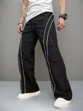 Manfinity Streetrush Men's Drawstring Waist Striped Straight Loose Casual Cargo Pants,Back To School Clothes - MapleCo