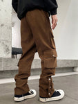 Manfinity Streetrush Relaxed Fit Multi-Pocket Cargo Pants,Khaki Cargo Pants,Fall Men Clothes,Corduroy Pants - MapleCo