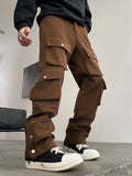 Manfinity Streetrush Relaxed Fit Multi-Pocket Cargo Pants,Khaki Cargo Pants,Fall Men Clothes,Corduroy Pants - MapleCo