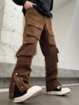 Manfinity Streetrush Relaxed Fit Multi-Pocket Cargo Pants,Khaki Cargo Pants,Fall Men Clothes,Corduroy Pants - MapleCo