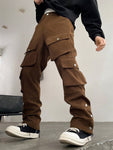 Manfinity Streetrush Relaxed Fit Multi-Pocket Cargo Pants,Khaki Cargo Pants,Fall Men Clothes,Corduroy Pants - MapleCo