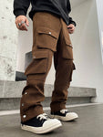 Manfinity Streetrush Relaxed Fit Multi-Pocket Cargo Pants,Khaki Cargo Pants,Fall Men Clothes,Corduroy Pants - MapleCo