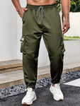 Manfinity Men Plus Letter Patched Detail Flap Pocket Drawstring Waist Cargo Pants - MapleCo