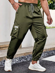 Manfinity Men Plus Letter Patched Detail Flap Pocket Drawstring Waist Cargo Pants - MapleCo