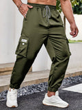 Manfinity Men Plus Letter Patched Detail Flap Pocket Drawstring Waist Cargo Pants - MapleCo