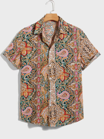 Manfinity RSRT Men Floral Paisley Print Short Sleeve Button Up Graphic Colorful Shirt, Vacation Beach Boyfriend Gift - MapleCo