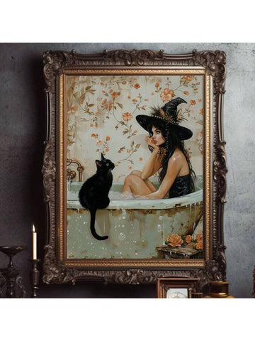 1pc Pondering  In Bathtub Poster, Light Academia Art, Gothic Halloween Print, Pretty Whimsigoth Wall Art, Black Cat Lover Gift, Canvas Posters, Canvas Wall Decor For Home, Living Room, Bed Room, Kitchen ,Bathroom - MapleCo