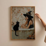 1pc Pondering  In Bathtub Poster, Light Academia Art, Gothic Halloween Print, Pretty Whimsigoth Wall Art, Black Cat Lover Gift, Canvas Posters, Canvas Wall Decor For Home, Living Room, Bed Room, Kitchen ,Bathroom - MapleCo