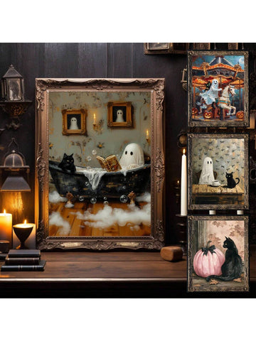 Ghost Reading Book In Bathtub Poster, Ghost And Black Cat Bubblebath Print, Spooky Halloween Wall Art, Whimsigoth Print , Set Of 1 , Canvas Posters, Canvas Wall Decor For Home, Living Room, Bed Room, Kitchen ,Bathroom - MapleCo