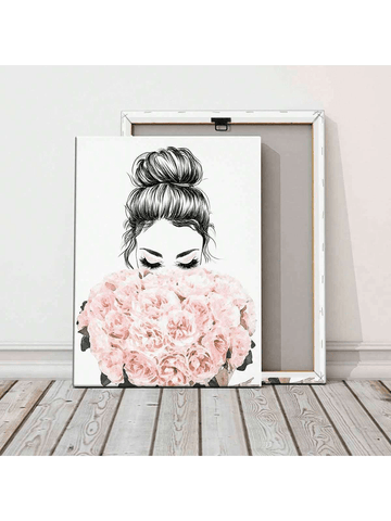 1pc Wooden Framed Canvas, Girl holding flowers - MapleCo