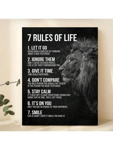 1pc Canvas Art Print Without Frame, Retro Style Inspirational Quote With 7 Rules For Life And A Black-and-white Picture Of A Lion As An Ideal Gift For Bedroom Wall Decor - MapleCo