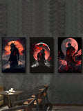 3pcs Mysterious Warriors In Front Of Red Moon And Mountains Wall Art Painting (No Frame) - MapleCo