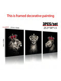 3pcs/set Abstract Male And Female Lions Wearing Crown Poster, Wall Art Paintings, Living Room Art Decoration, Frameless Canvas Print - MapleCo