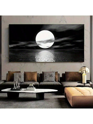 1pc, Canvas Posters, Wall Art Moon Sea Ocean Landscape Picture, Black And White Beach Wall Art Print Paintings, Modern Artwork For Living Room Wall Decor, Office Wall Decor, Home Decor, Kitchen Decorations, No Frame - MapleCo