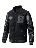 Men Letter Patched Striped Trim PU Leather Sleeve Jacket - MapleCo