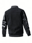 Men Letter Patched Striped Trim PU Leather Sleeve Jacket - MapleCo