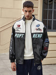 Men's Colorblock Stitched Letter Embroidery Racing Faux Leather Jacket - MapleCo