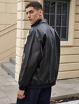 Men's Colorblock Stitched Letter Embroidery Racing Faux Leather Jacket - MapleCo