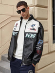 Men's Colorblock Stitched Letter Embroidery Racing Faux Leather Jacket - MapleCo