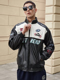 Men's Colorblock Stitched Letter Embroidery Racing Faux Leather Jacket - MapleCo