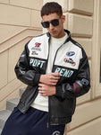 Men's Colorblock Stitched Letter Embroidery Racing Faux Leather Jacket - MapleCo