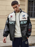 Men's Colorblock Stitched Letter Embroidery Racing Faux Leather Jacket - MapleCo