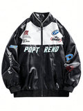 Men's Colorblock Stitched Letter Embroidery Racing Faux Leather Jacket - MapleCo