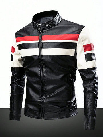 Men Striped Print Zip Up PU Leather Jacket - MapleCo