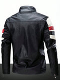 Men Striped Print Zip Up PU Leather Jacket - MapleCo