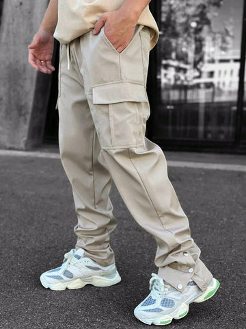 Manfinity EMRG Loose Men's Drawstring Tactical Cargo Pants Baggy Long Plain Cream Going Out - MapleCo