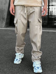 Manfinity EMRG Loose Men's Drawstring Tactical Cargo Pants Baggy Long Plain Cream Going Out - MapleCo