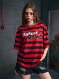 Harley Quinn X SHEIN 1pc Gothic Cool Casual Striped And Anime Characters Print Drop Shoulder Oversized T-Shirt For Summer - MapleCo